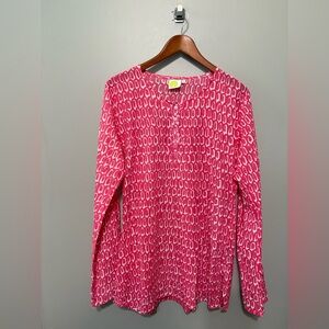 See Design Pink Patterned Long Sleeve Tunic Style Top Lightweight/Breathable EUC